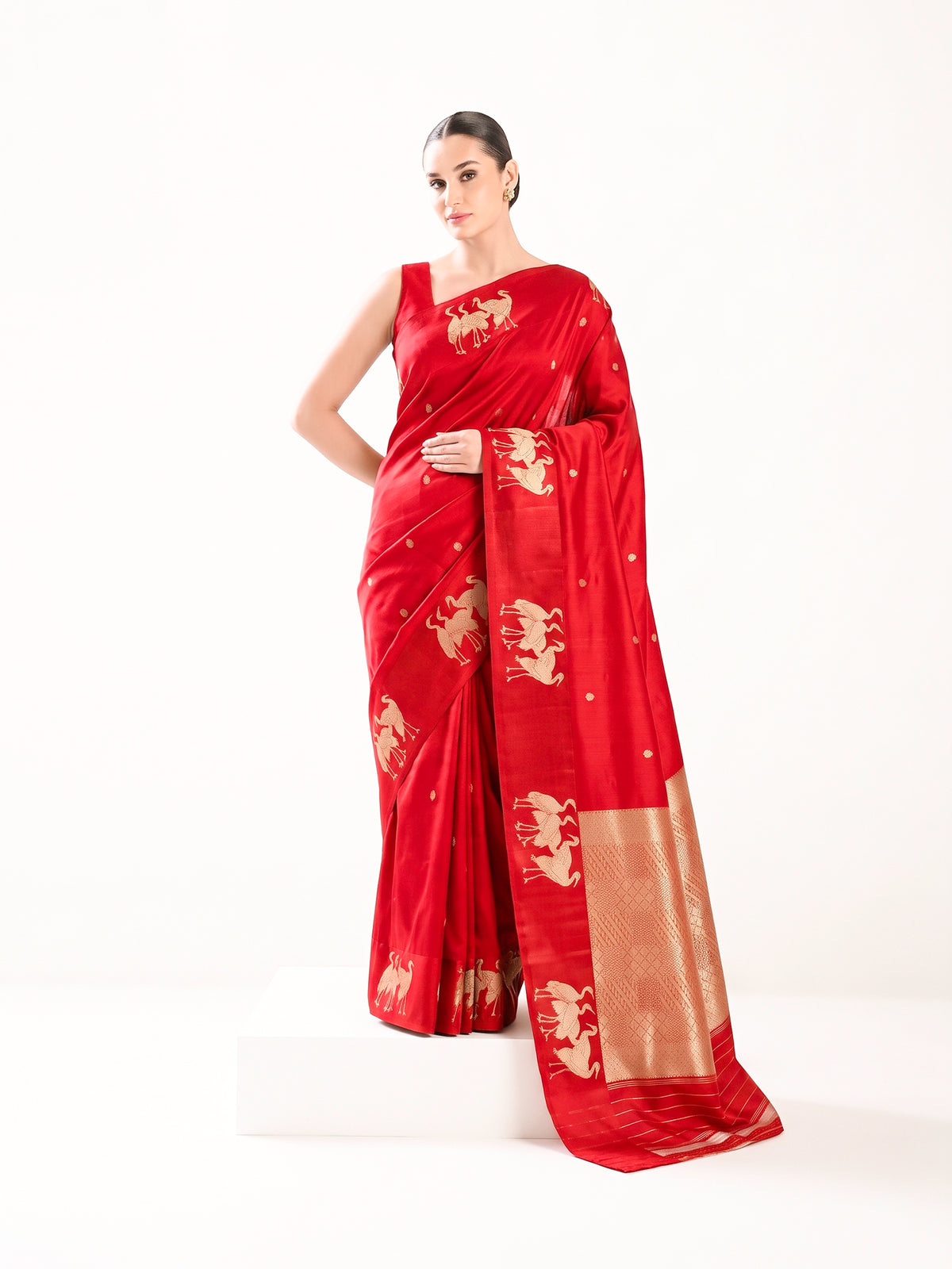 Red Gold Zari Booti Pure Handloom Banarasi Soft Silk Saree - Sacred Weaves