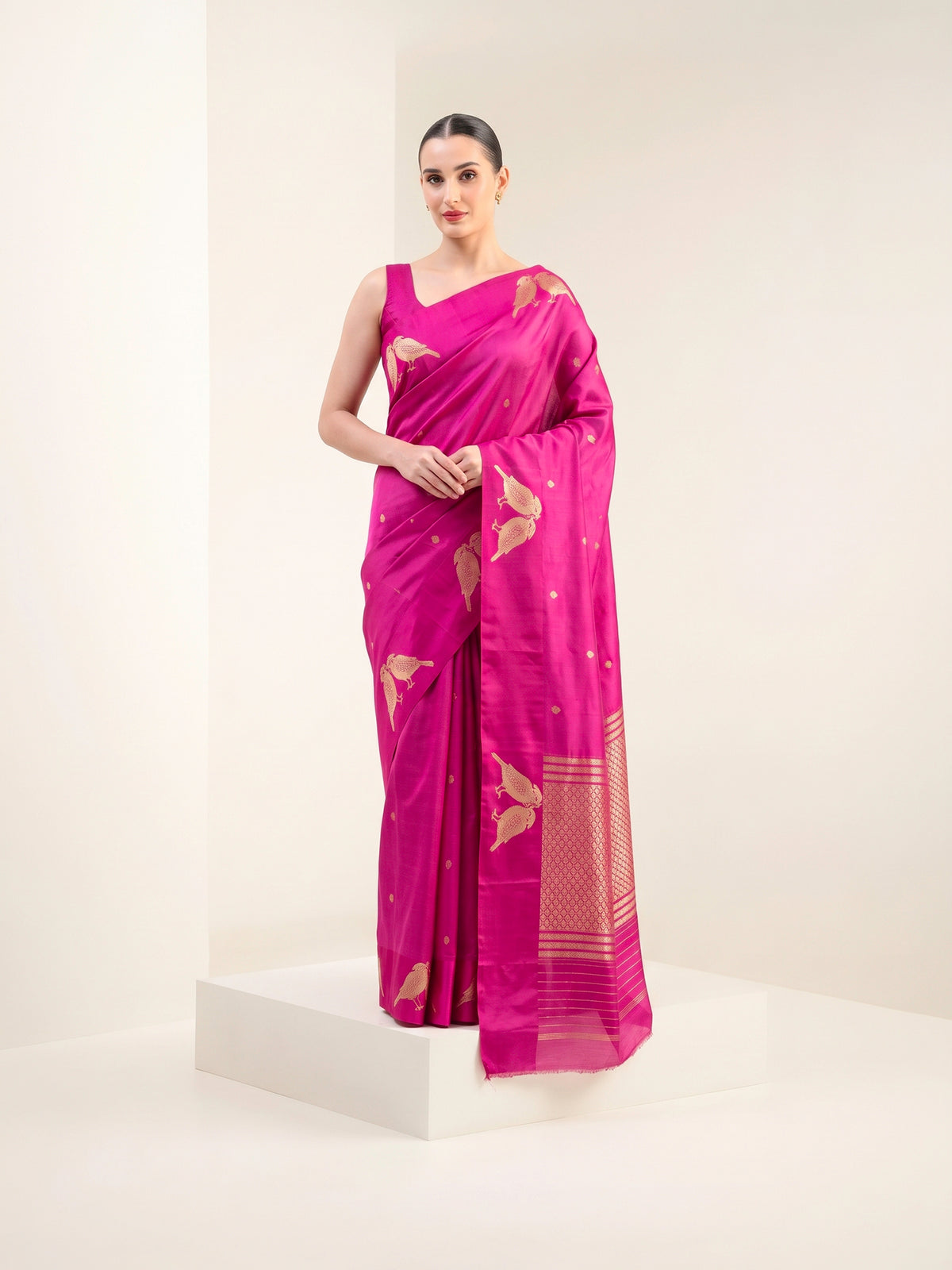 Pink Floral Booti Pure Handloom Banarasi Soft Silk Saree - Sacred Weaves