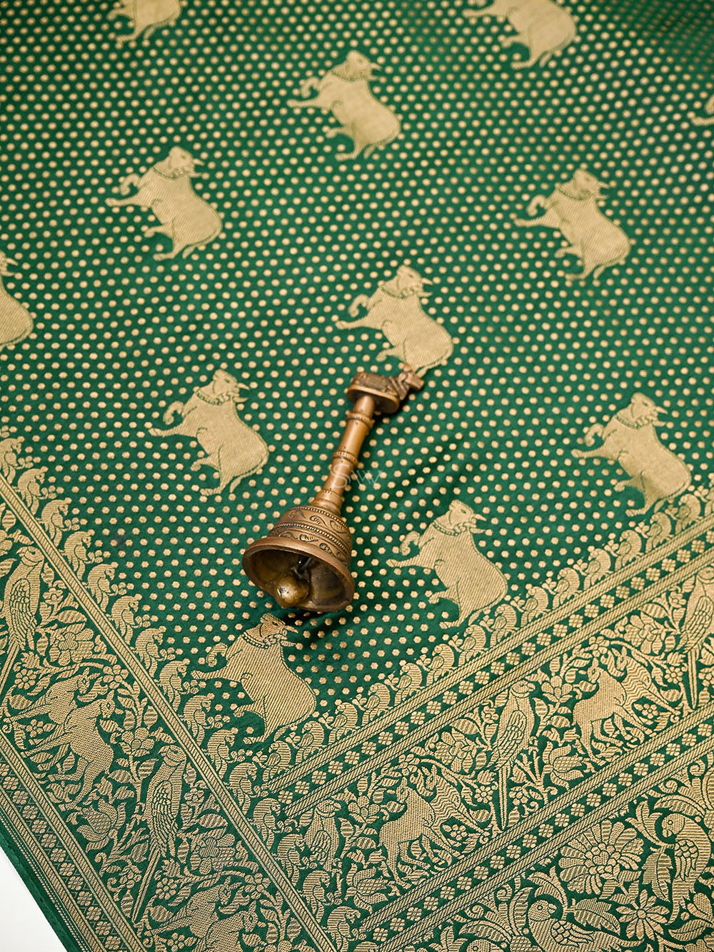 Bottle Green Shikargah Brocade Satin Silk Handloom Banarasi Saree - Sacred Weaves