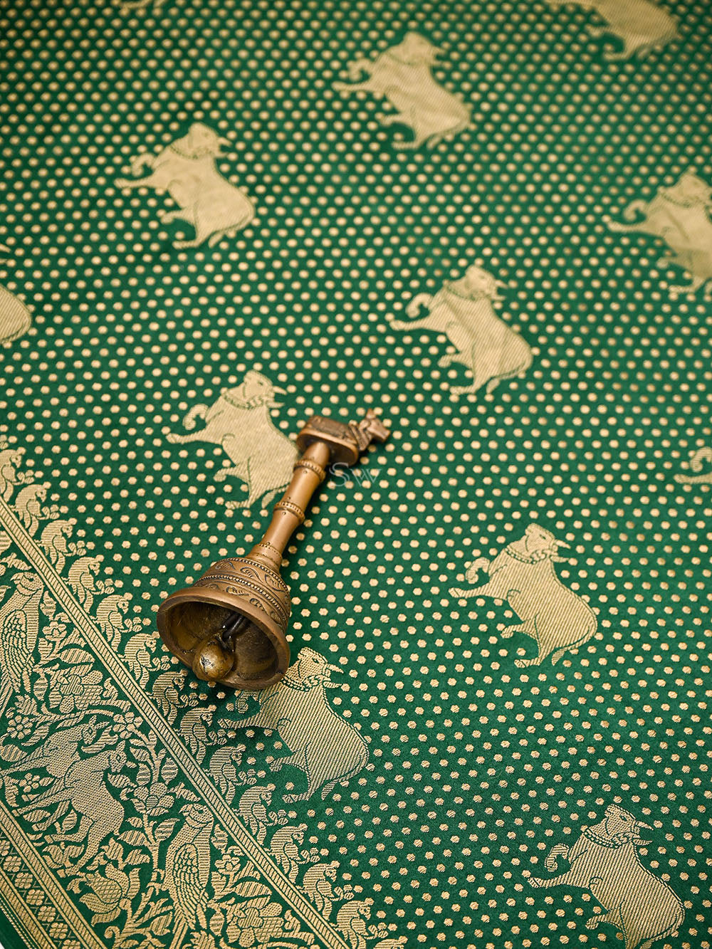 Bottle Green Shikargah Brocade Satin Silk Handloom Banarasi Saree - Sacred Weaves