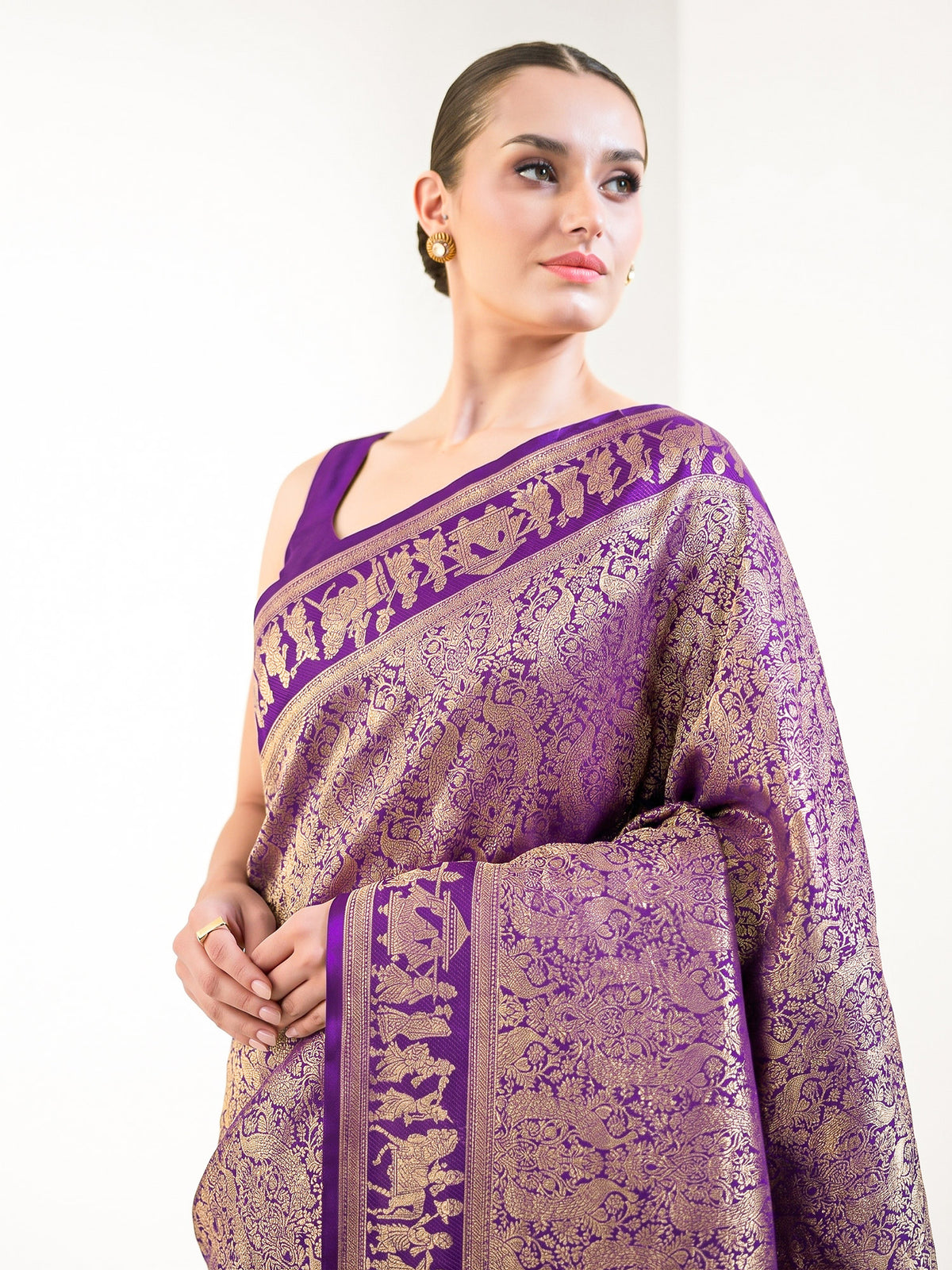 Purple Shikargah Brocade Satin Silk Handloom Banarasi Saree - Sacred Weaves