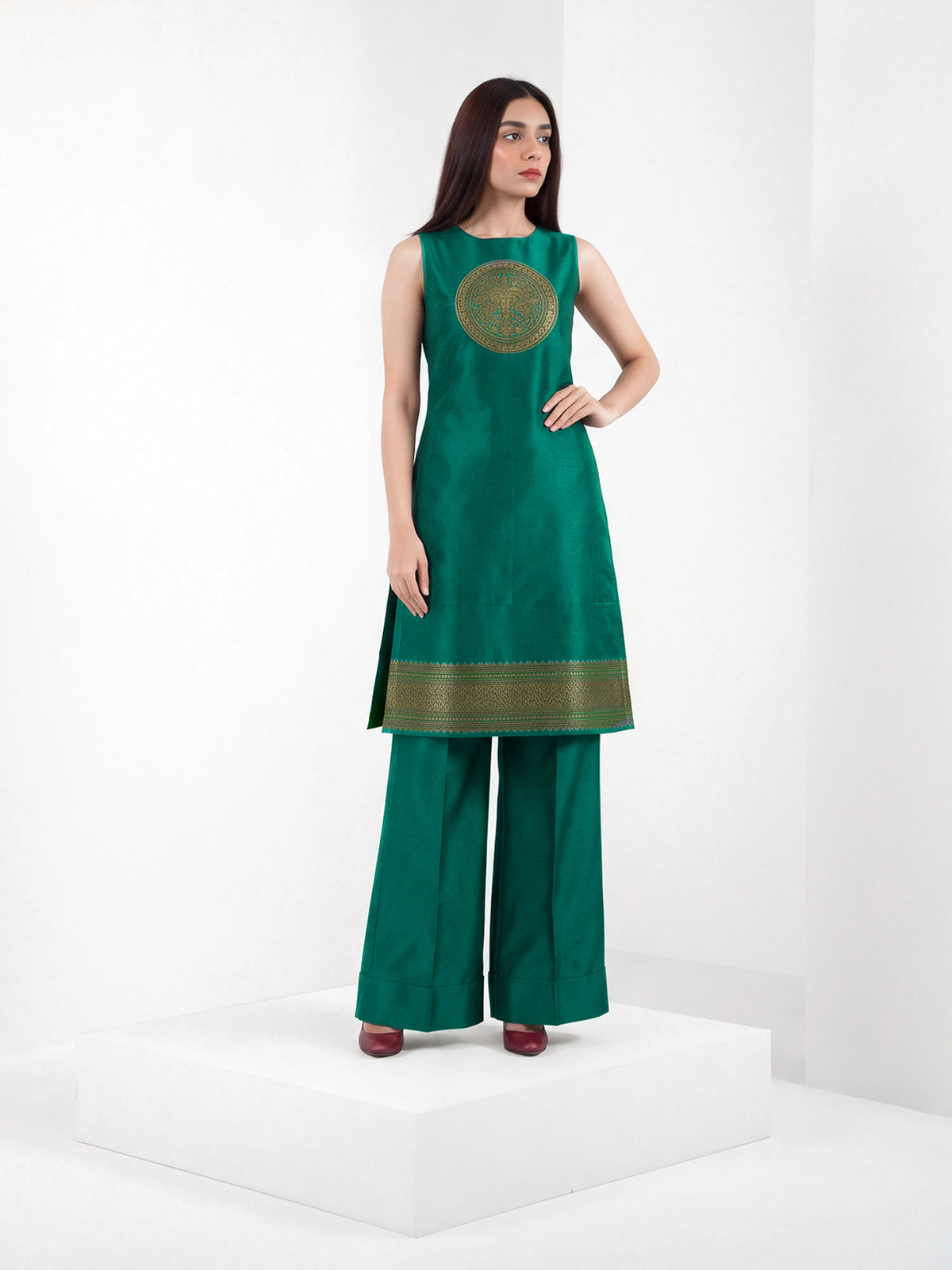 Teal Green Katan Silk Handloom Banarasi Co-Ord Set - Sacred Weaves