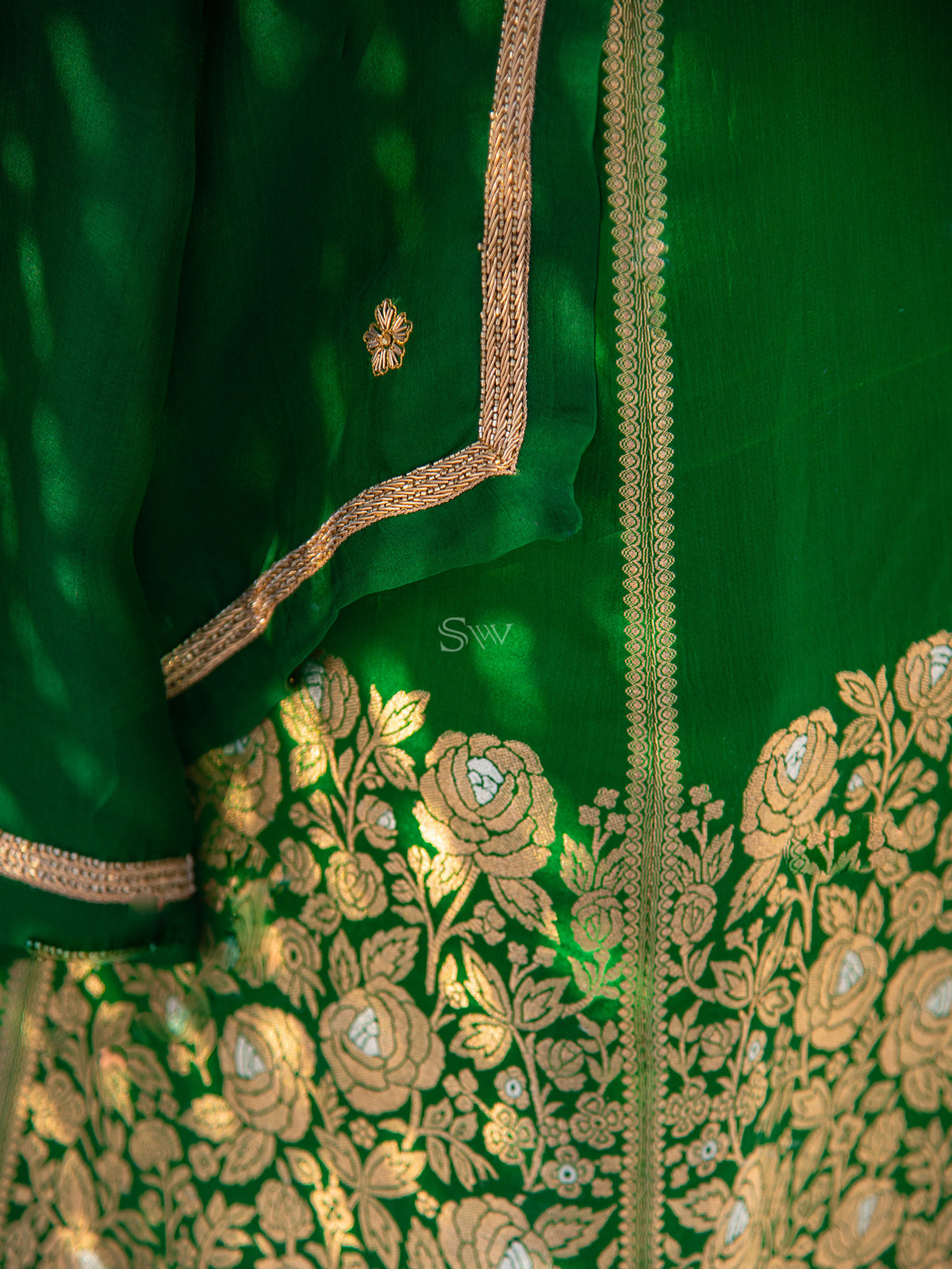 Bottle Green Satin Silk Handloom Banarasi Lehenga - Sacred Weaves