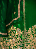 Bottle Green Satin Silk Handloom Banarasi Lehenga - Sacred Weaves
