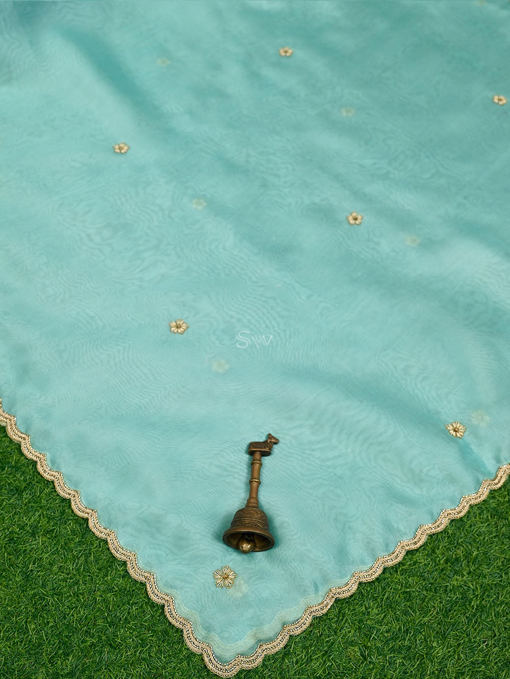 Sea Green Organza Handloom Banarasi Dupatta - Sacred Weaves