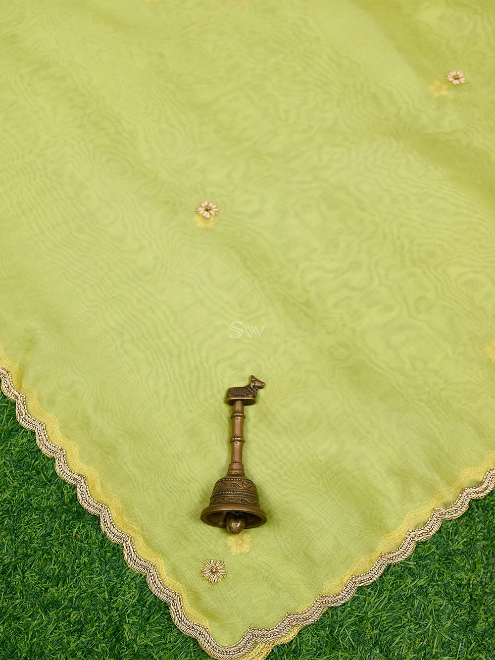 Lime Green Satin Silk Handloom Banarasi Lehenga