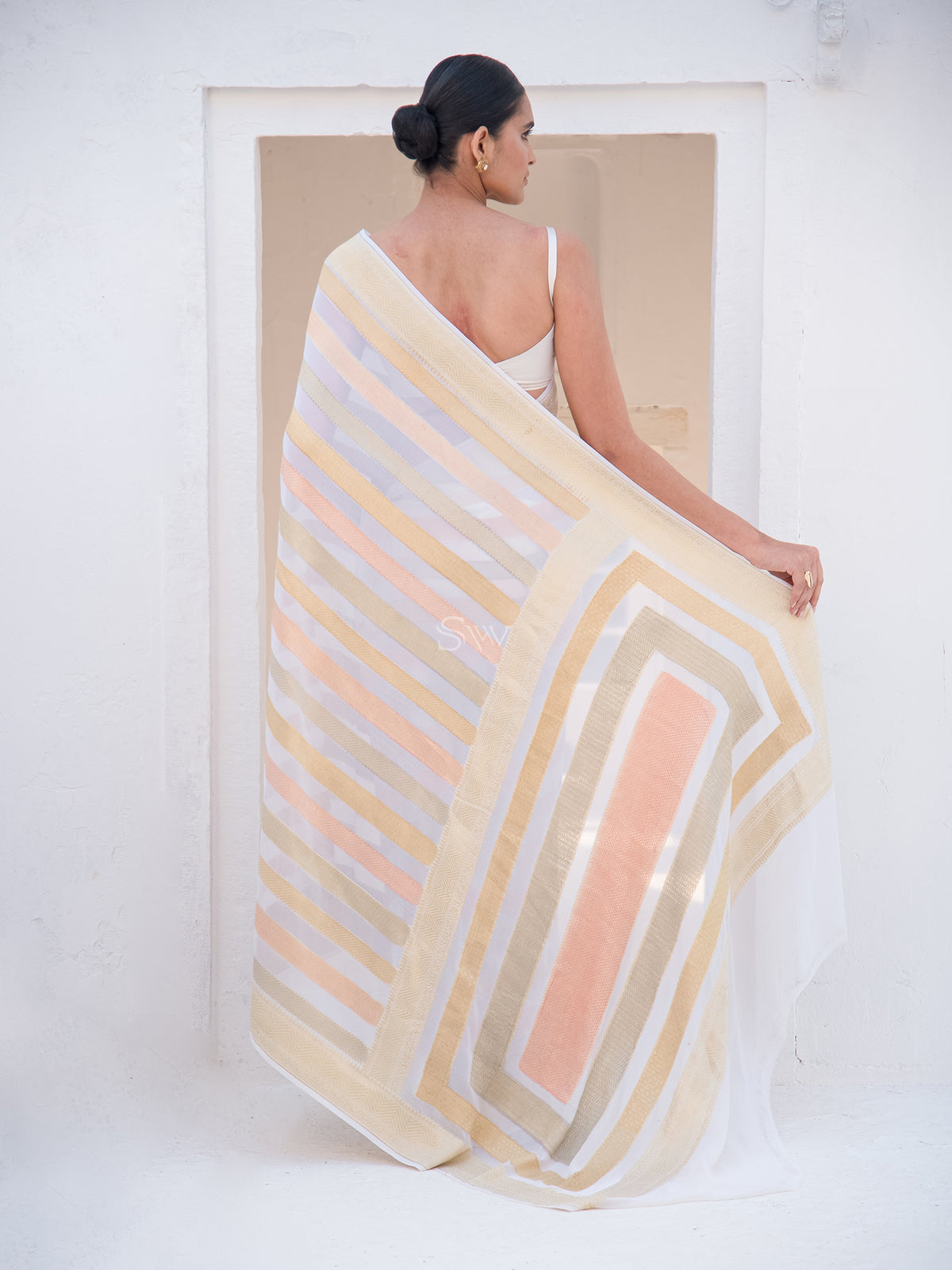 Off-White Stripe Khaddi Georgette Handloom Banarasi Saree - Sacred Weaves