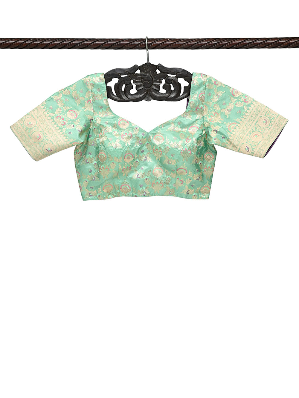 Green Meenakari Jaal Katan Silk Banarasi Ready-Made Blouse
