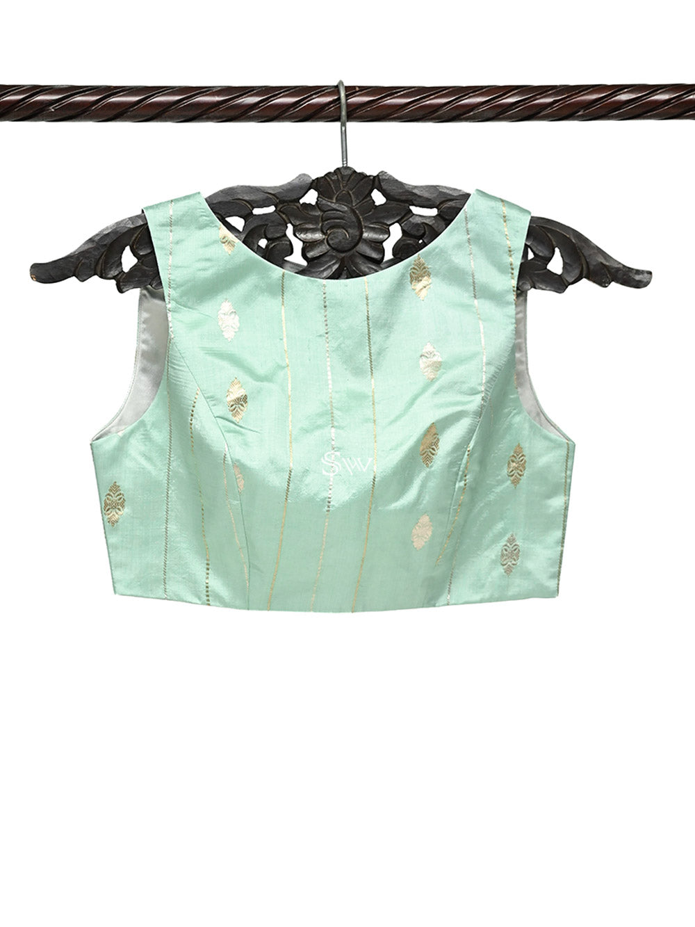 Mint Green Booti Katan Silk Banarasi Ready-Made Blouse - Sacred Weaves