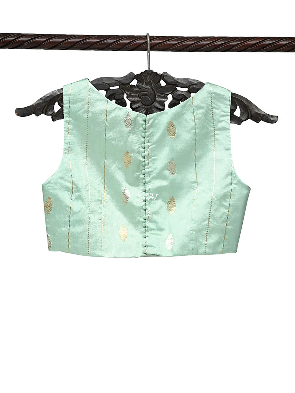 Mint Green Booti Katan Silk Banarasi Ready-Made Blouse - Sacred Weaves