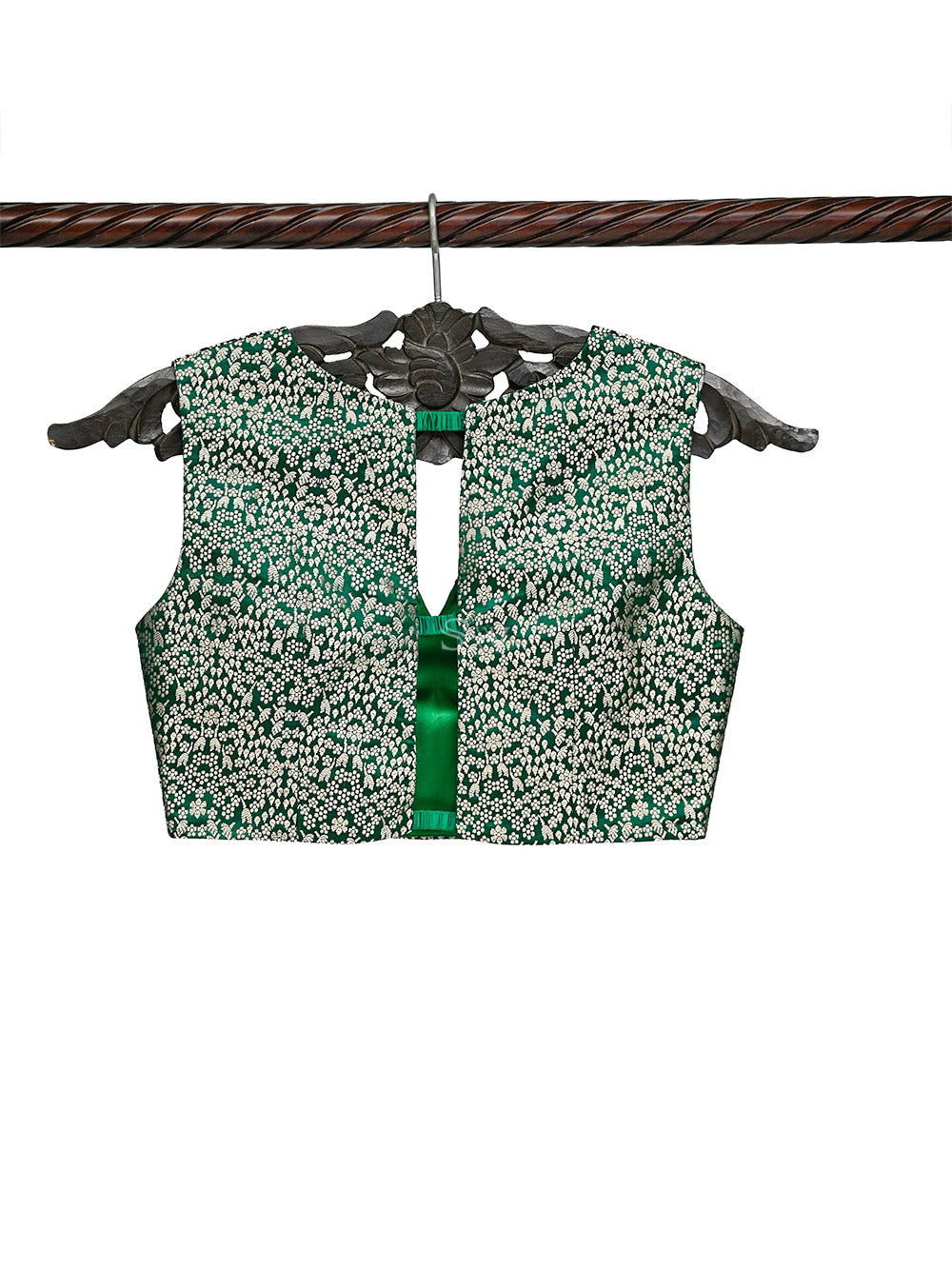 Bottle Green Satin Brocade Banarasi Ready-made Blouse - Sacred Weaves
