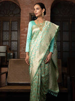 Sea Green Meenakari Uppada Katan Silk Handloom Banarasi Saree - Sacred Weaves