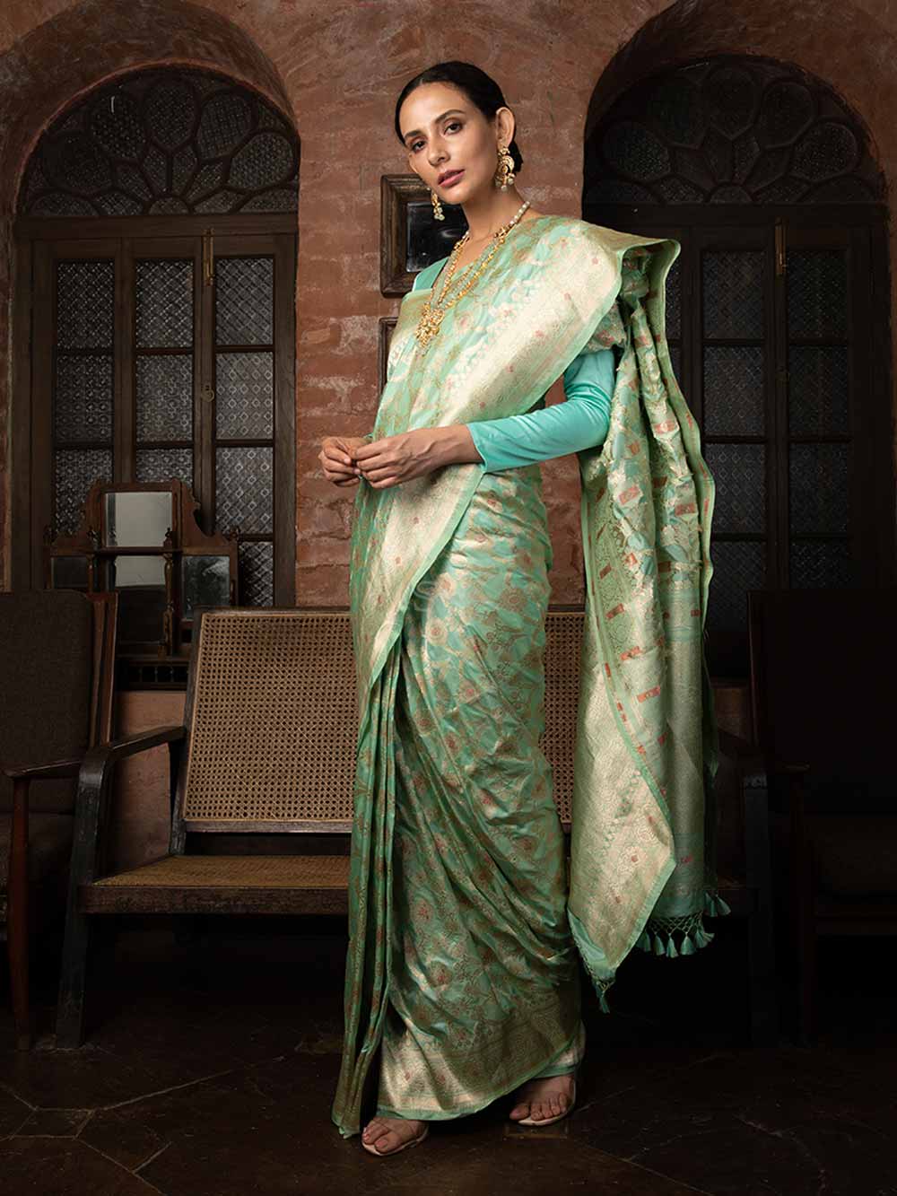 Sea Green Meenakari Uppada Katan Silk Handloom Banarasi Saree - Sacred Weaves