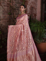 Pastel Pink Jaal Khaddi Georgette Handloom Banarasi Saree - Sacred Weaves