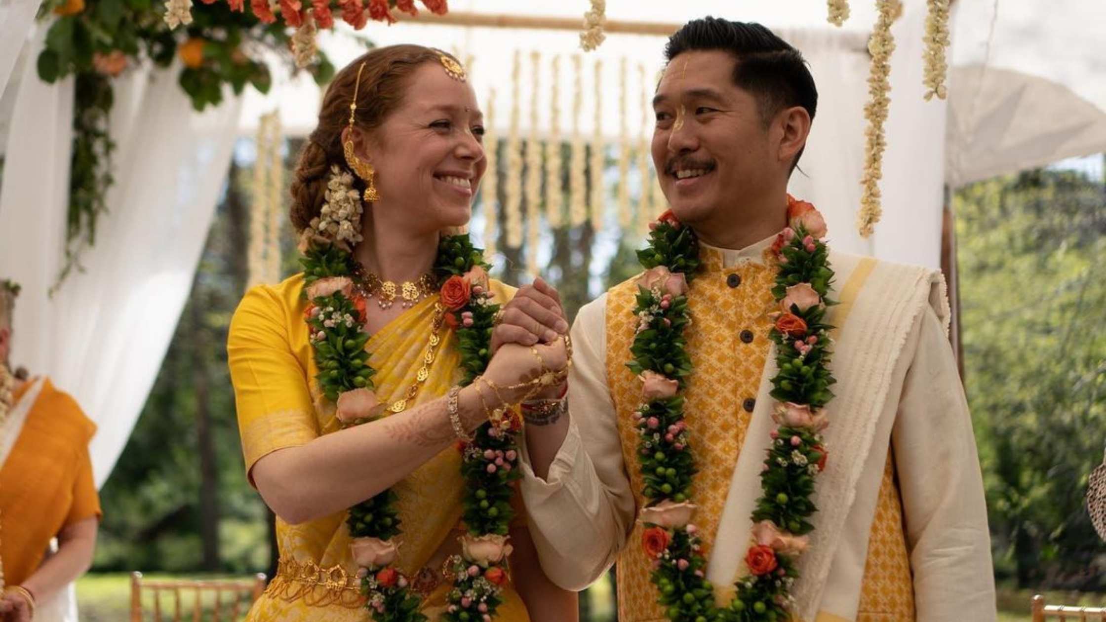 Jahnavi Harrison Wears Yellow Banarasi Shikargah Silk Sarees for Her Wedding