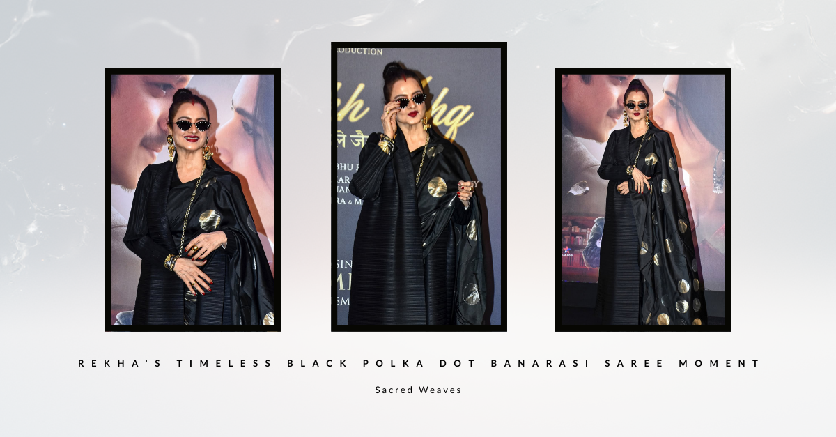 Rekha's Timeless Black Polka Dot Banarasi Saree Moment - Sacred Weaves