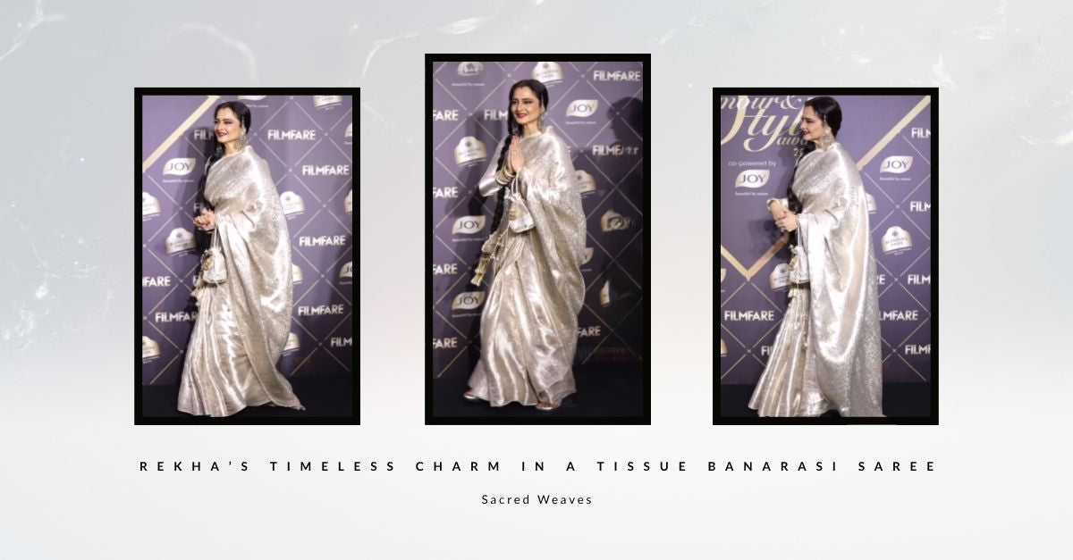 When Timeless Glamour of Rekha Meets Handwoven Heritage – A Tissue Banarasi Tribute - Sacred Weaves