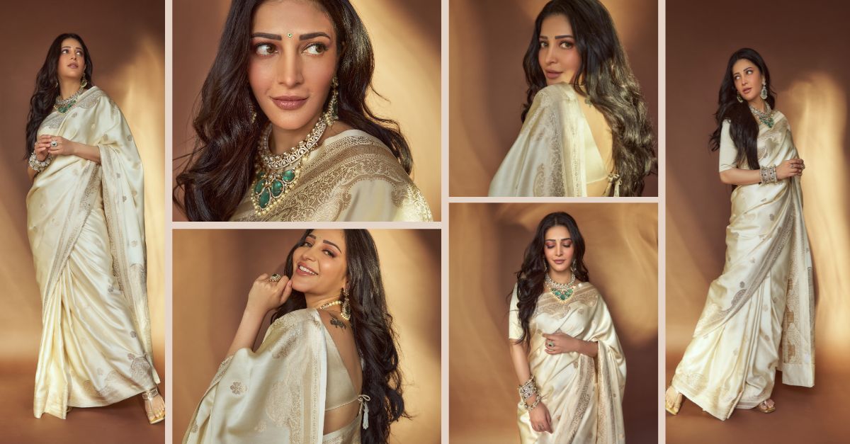 Shruti Haasan Dazzles in Cream Satin Silk Banarasi Saree from Sacred W - Sacred Weaves