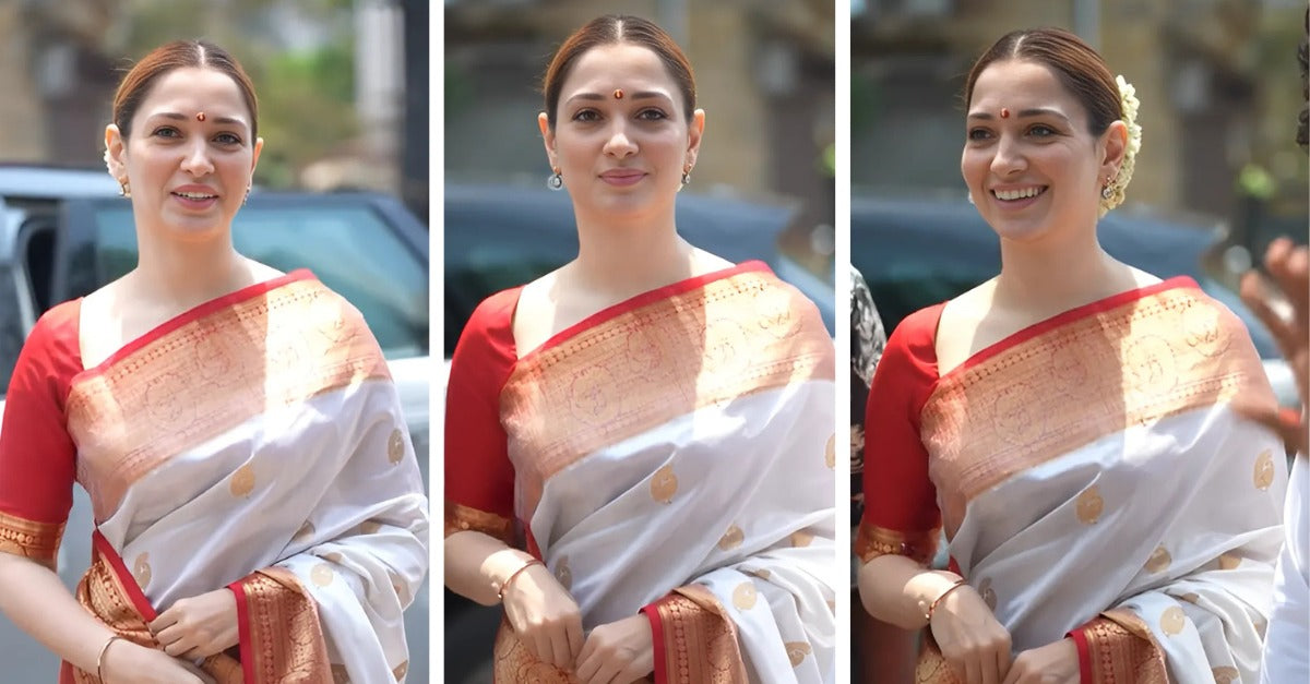 A stunning photograph of sophistication, Tamannaah Bhatia in a Boota Katan Silk Banarasi Saree - Sacred Weaves