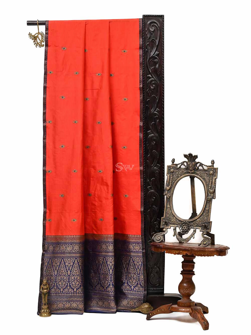 Red Stripe Katan Silk Handloom Banarasi Saree - Sacred Weaves