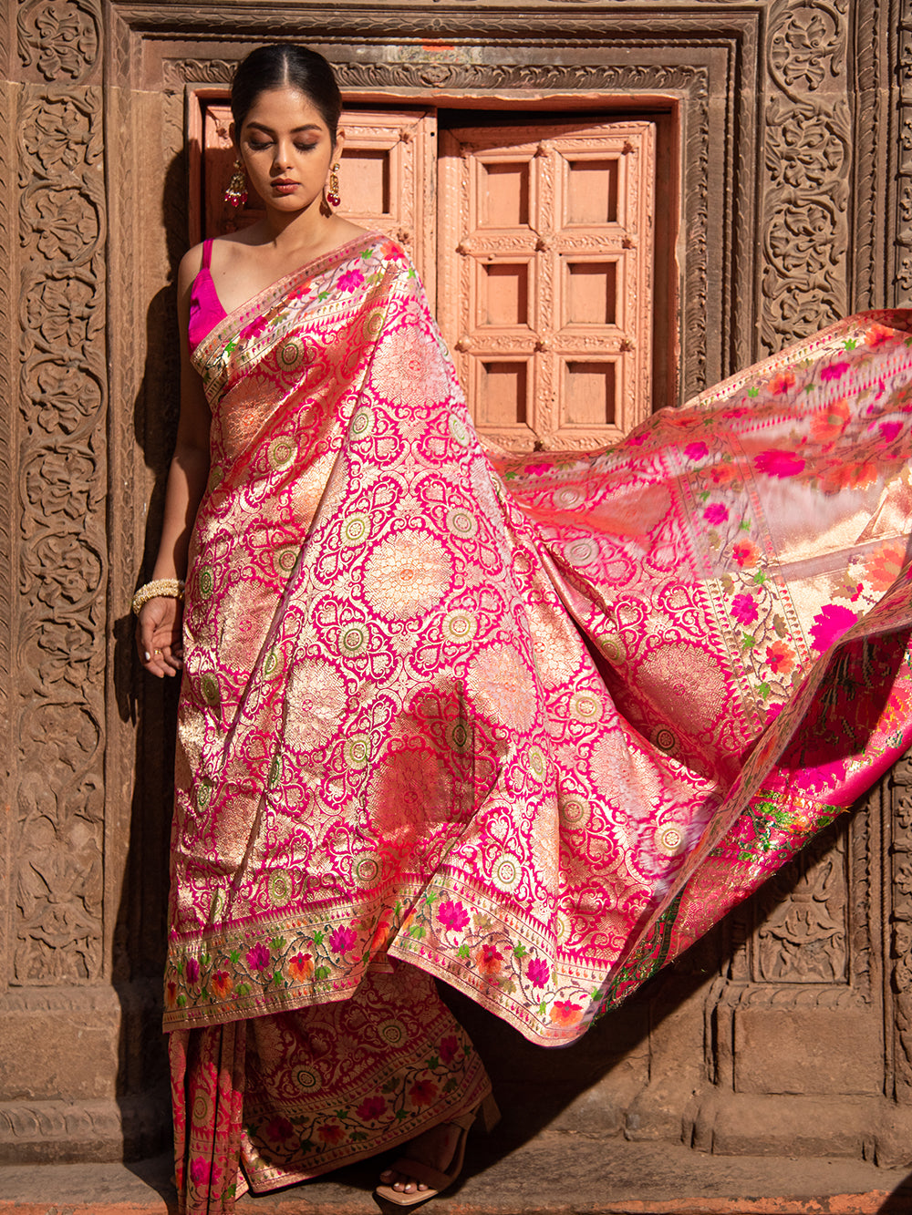 Pink Brocade Meenakari Katan Silk Handloom Banarasi Saree - Sacred Weaves
