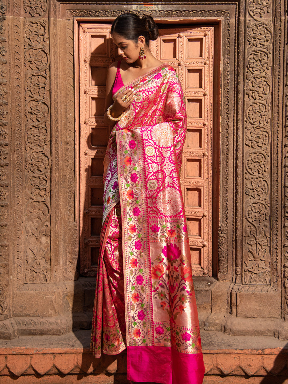 Maroon Banarasi Silk Saree with Stone Work - Urban Womania