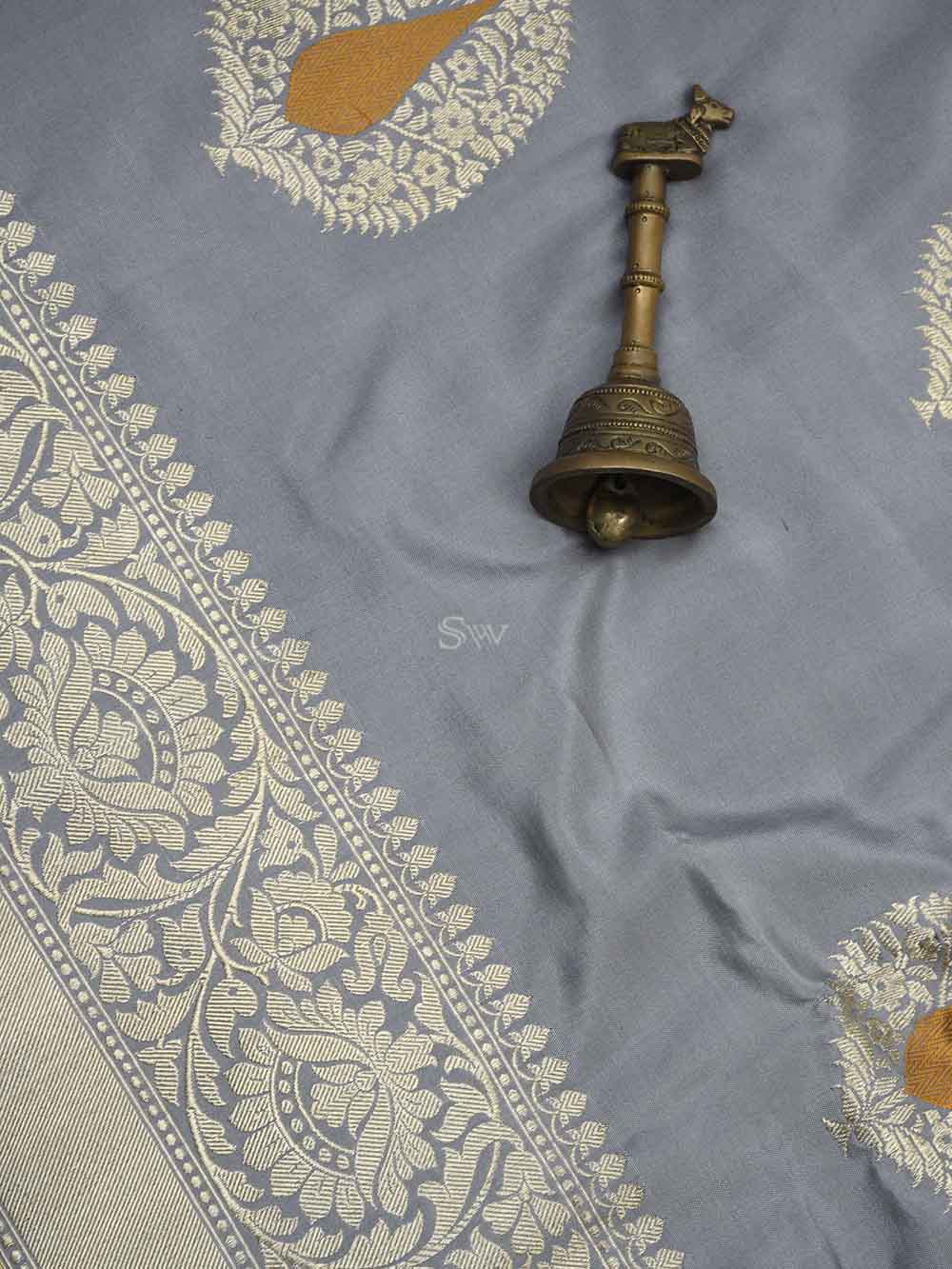 Grey Boota Katan Silk Handloom Banarasi Saree - Sacred Weaves
