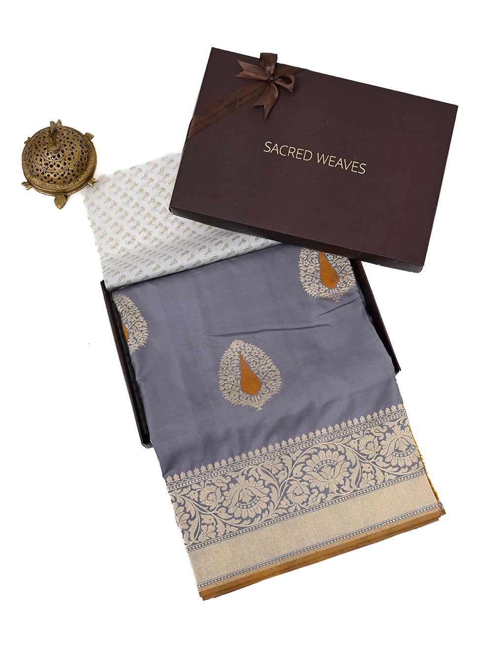 Grey Boota Katan Silk Handloom Banarasi Saree - Sacred Weaves