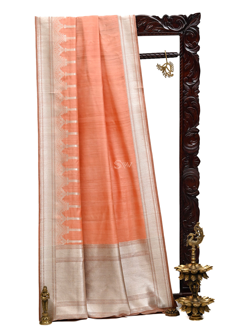 Peach Dupion Silk Handloom Banarasi Saree - Sacred Weaves