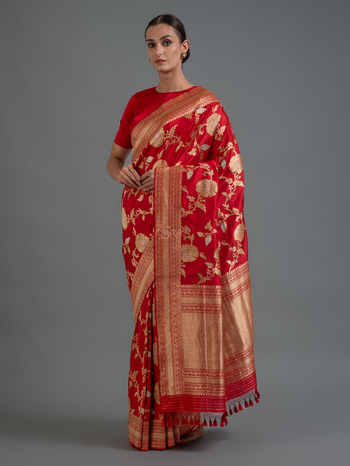 Red Jaal Katan Silk Handloom Banarasi Saree
