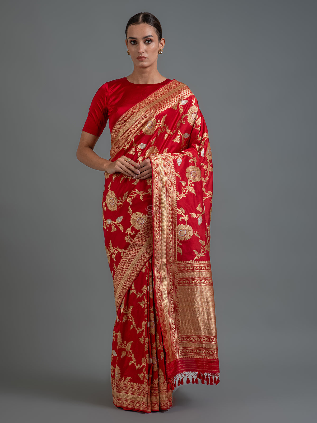 Red Jaal Katan Silk Handloom Banarasi Saree