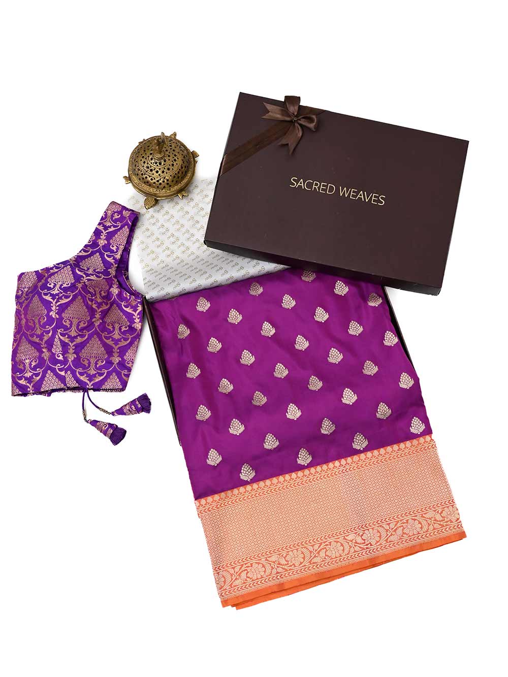 Violet Booti Katan Silk Handloom Banarasi Saree - Sacred Weaves