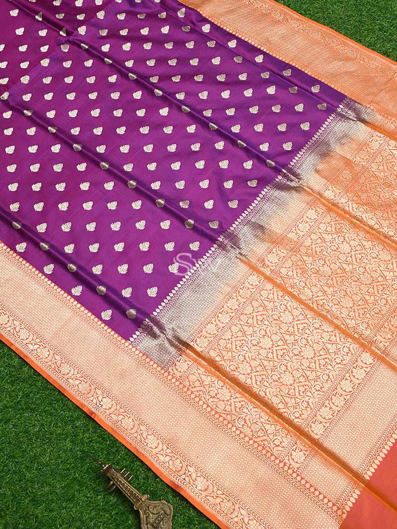 Violet Booti Katan Silk Handloom Banarasi Saree - Sacred Weaves
