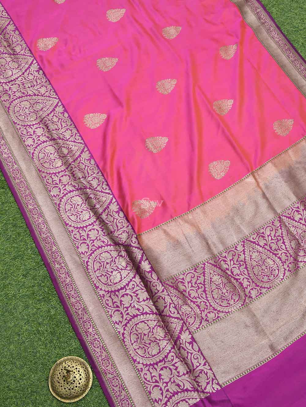 Pink Orange Boota Katan Silk Handloom Banarasi Saree - Sacred Weaves
