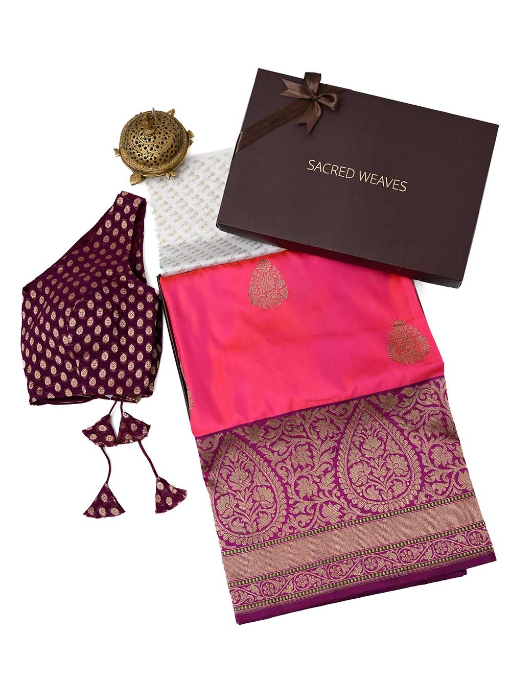 Pink Orange Boota Katan Silk Handloom Banarasi Saree - Sacred Weaves
