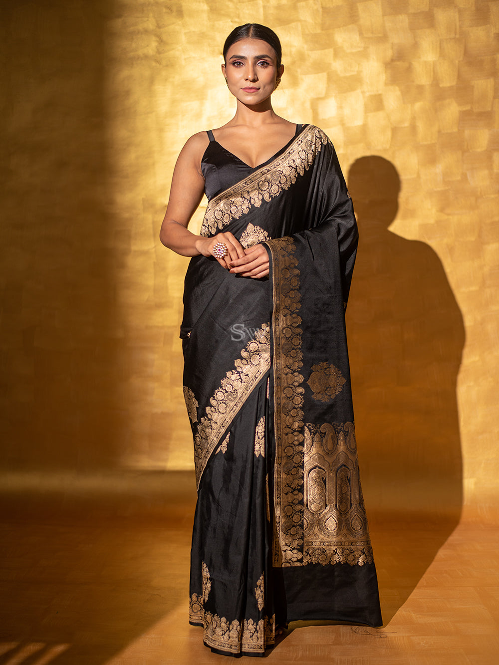 Black Boota Satin Silk Handloom Banarasi Saree - Sacred Weaves