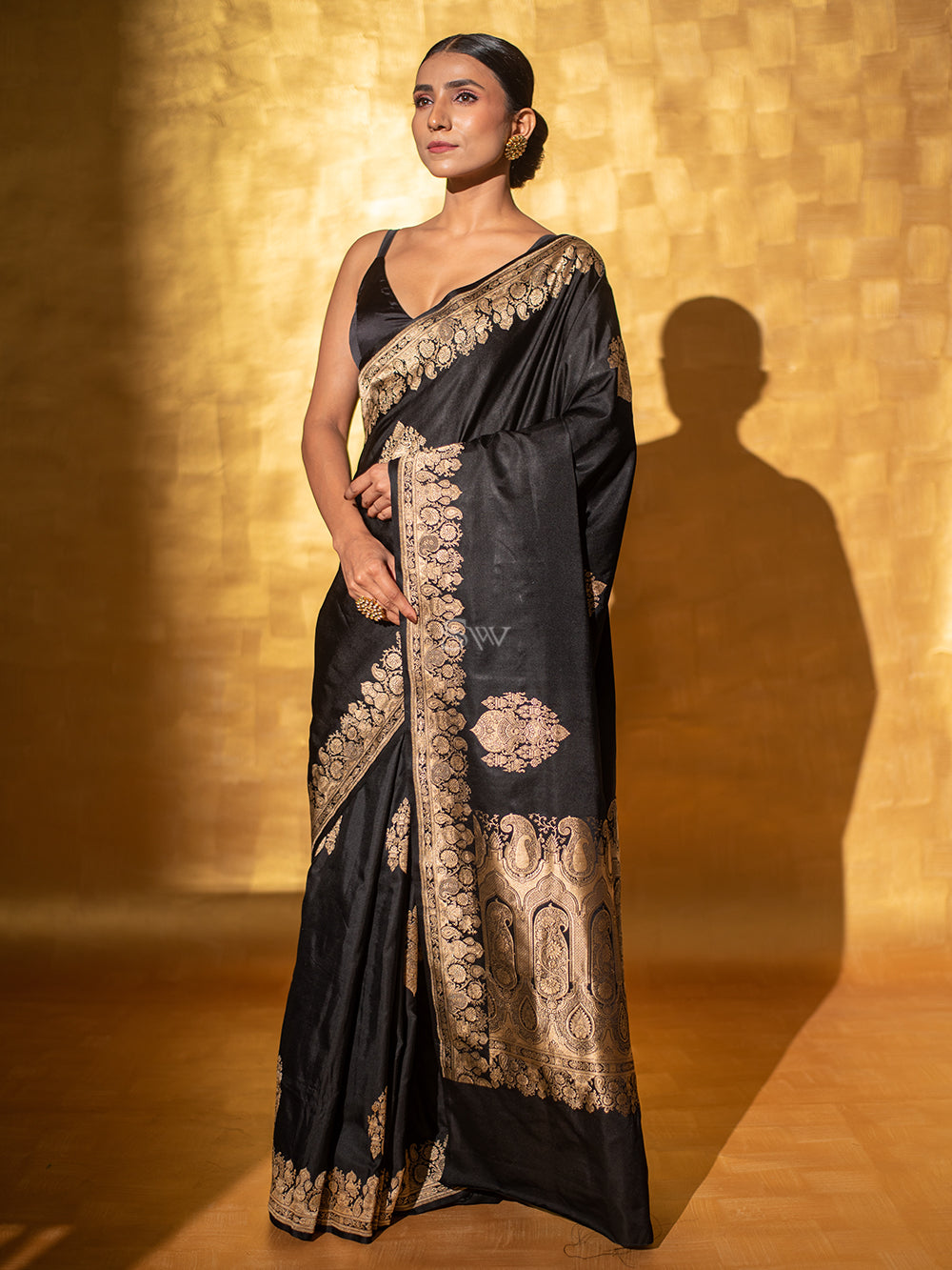Black Boota Satin Silk Handloom Banarasi Saree - Sacred Weaves