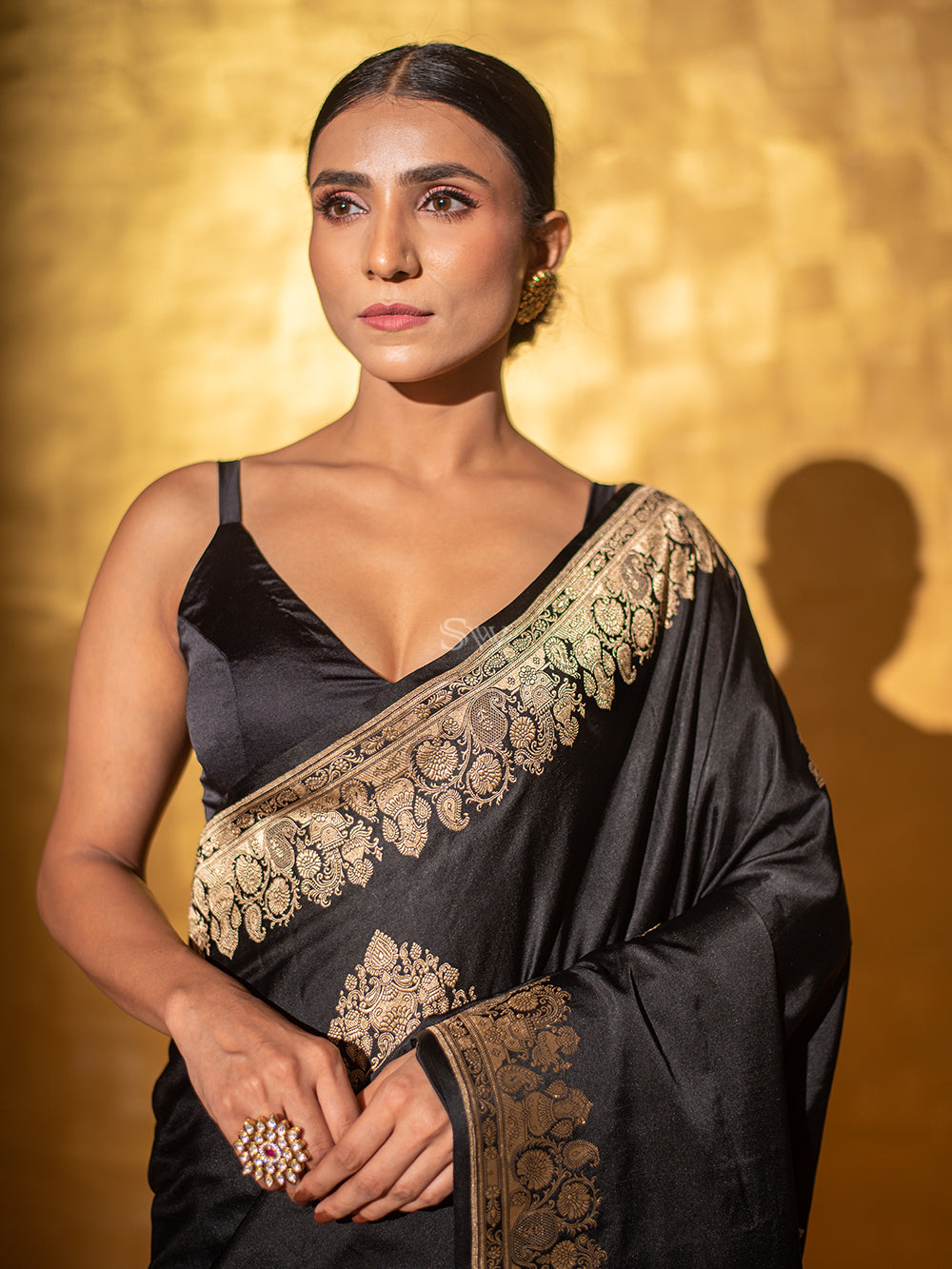 Black Boota Satin Silk Handloom Banarasi Saree - Sacred Weaves