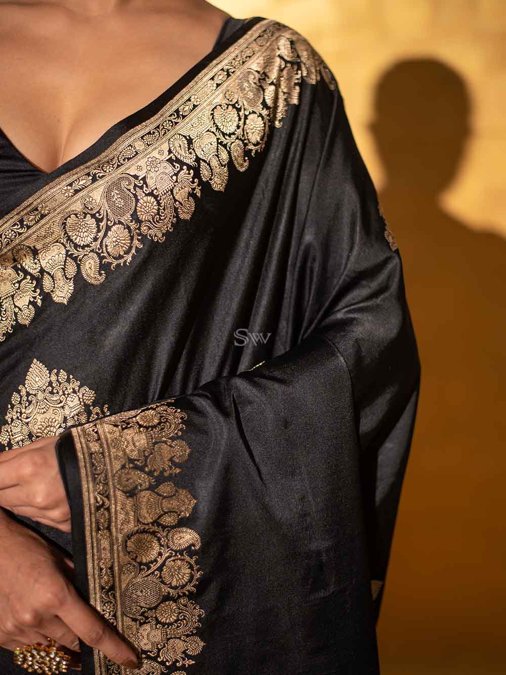 Black Boota Satin Silk Handloom Banarasi Saree - Sacred Weaves