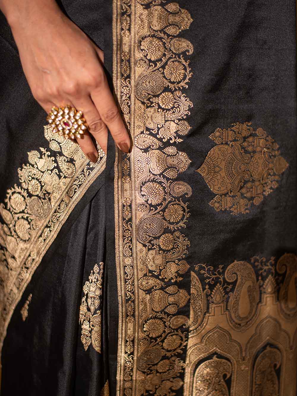 Black Boota Satin Silk Handloom Banarasi Saree - Sacred Weaves