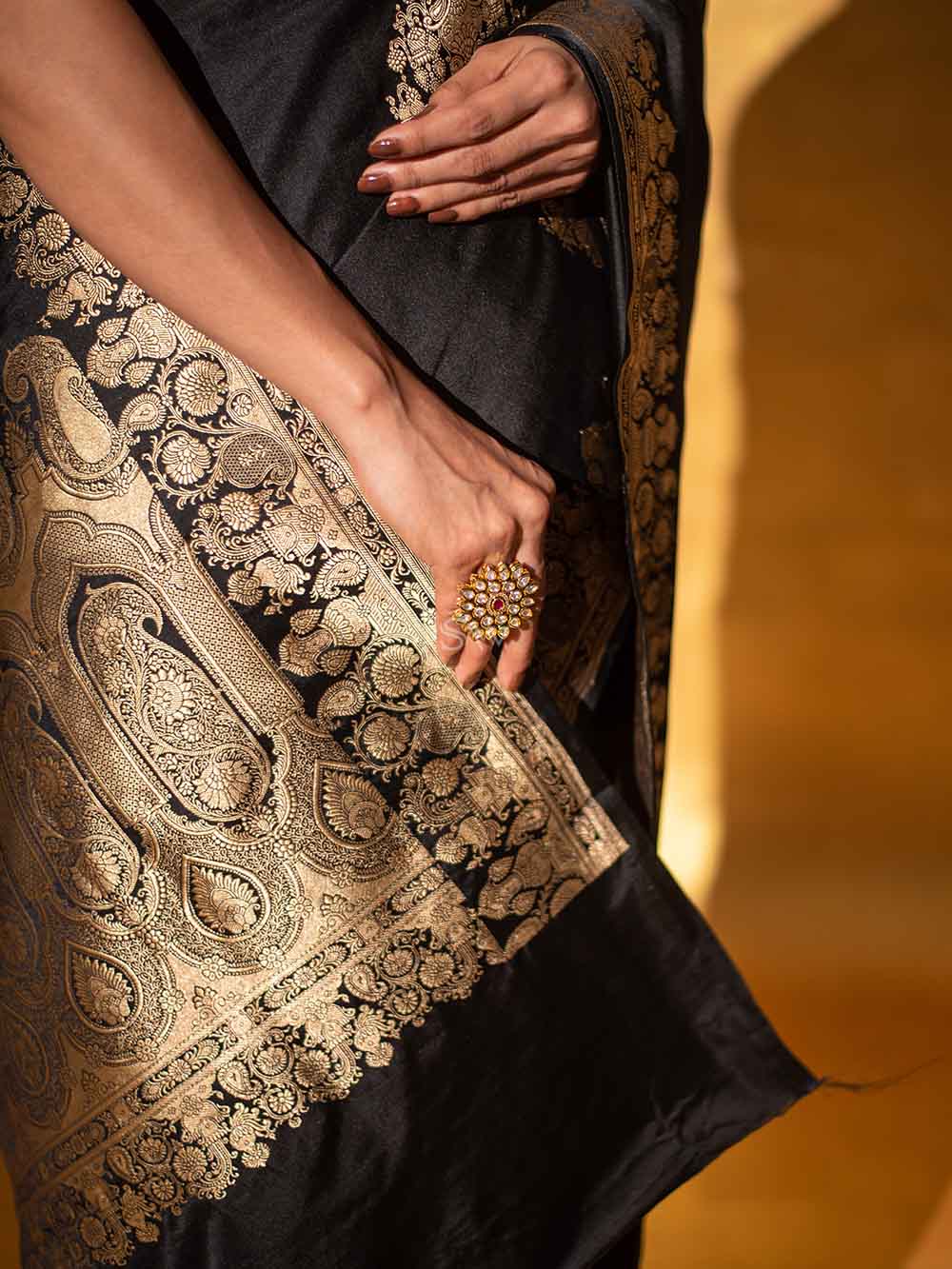 Black Boota Satin Silk Handloom Banarasi Saree - Sacred Weaves