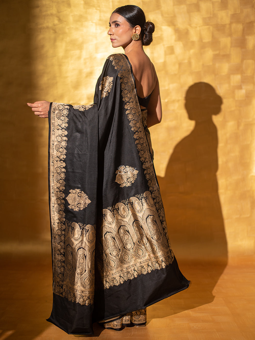 Black Boota Satin Silk Handloom Banarasi Saree - Sacred Weaves