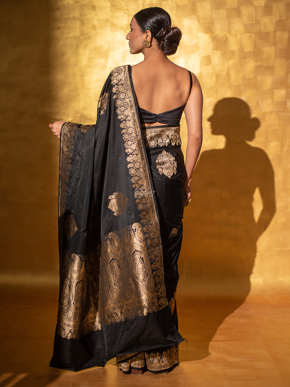 Black Boota Satin Silk Handloom Banarasi Saree - Sacred Weaves