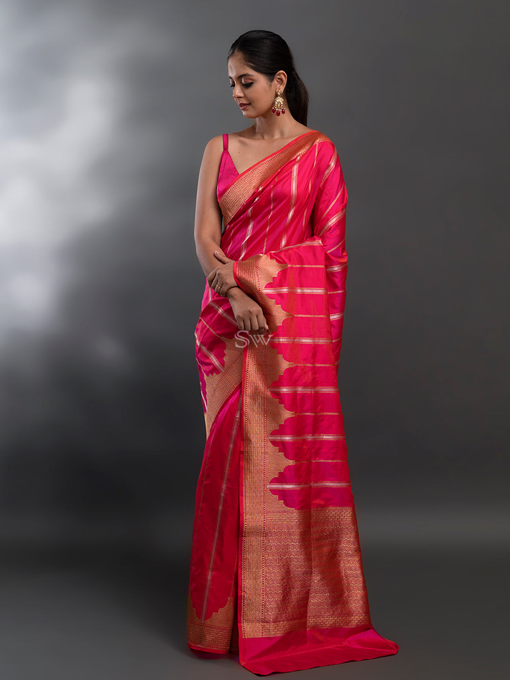 Pink-Orange Stripe Katan Silk Handloom Banarasi Saree - Sacred Weaves
