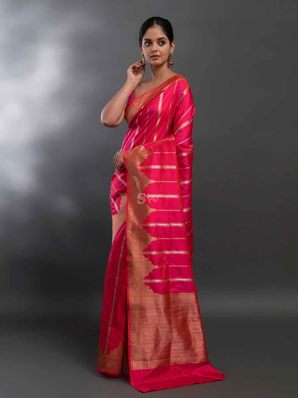 Pink-Orange Stripe Katan Silk Handloom Banarasi Saree - Sacred Weaves