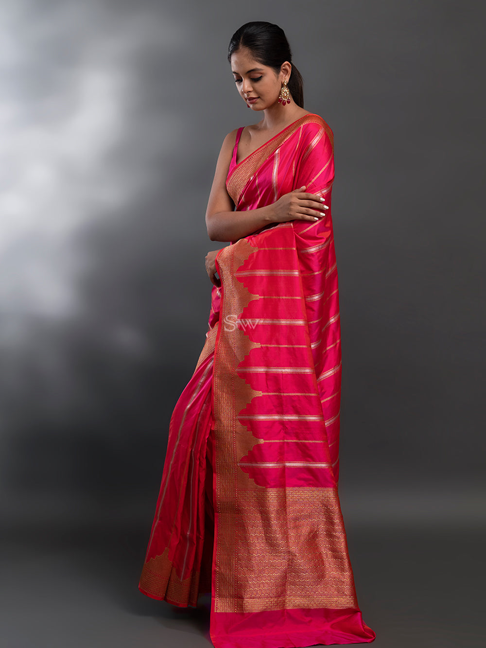 Pink-Orange Stripe Katan Silk Handloom Banarasi Saree - Sacred Weaves
