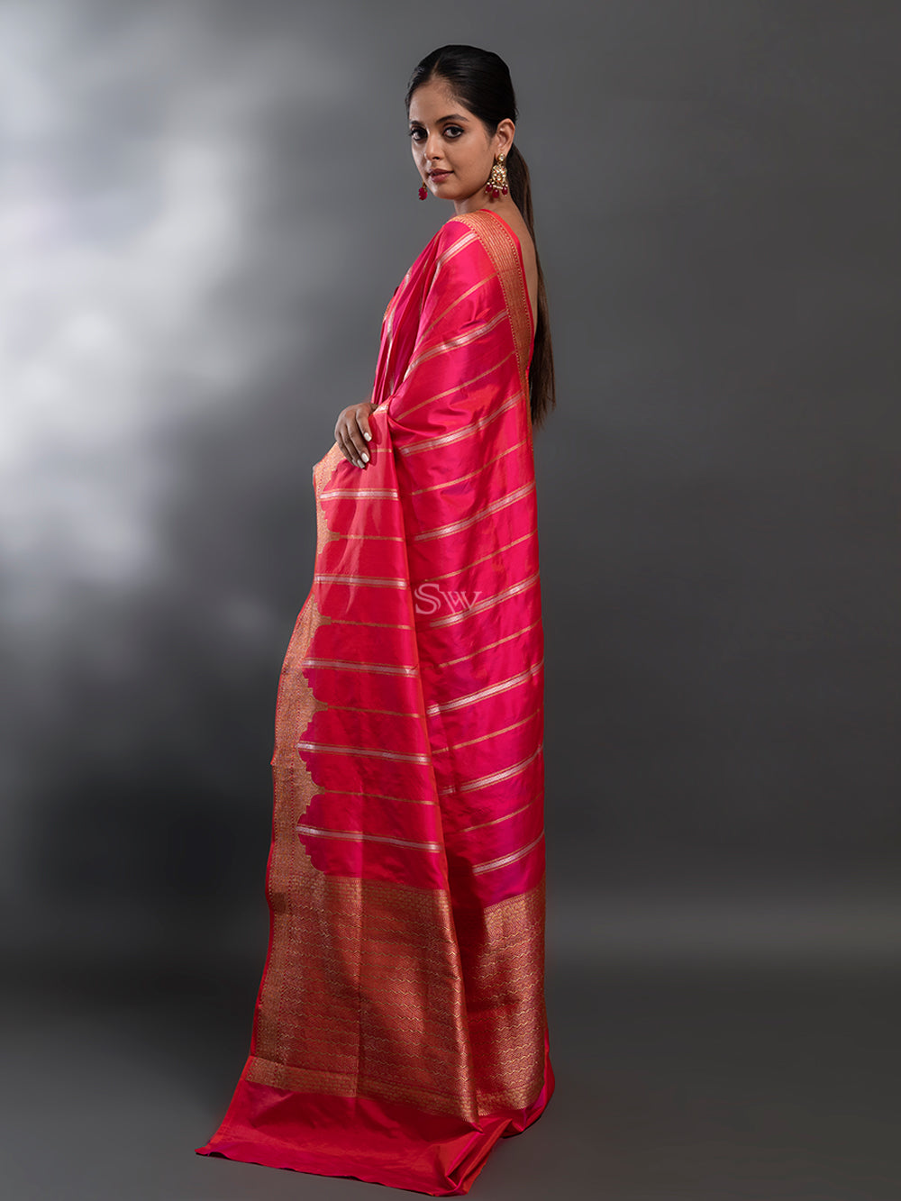 Pink-Orange Stripe Katan Silk Handloom Banarasi Saree - Sacred Weaves