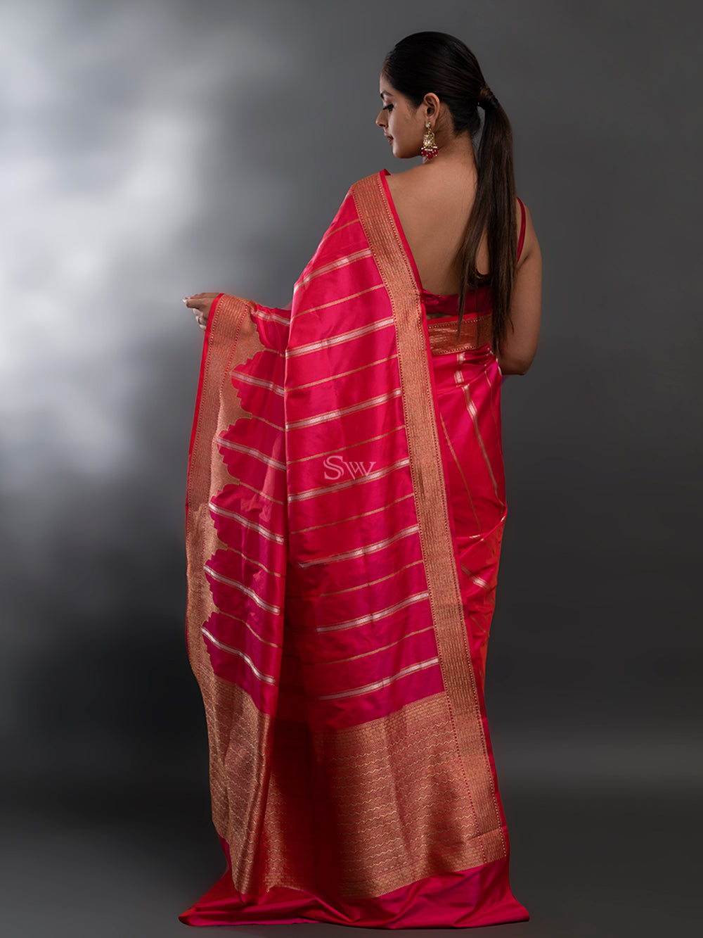 Pink-Orange Stripe Katan Silk Handloom Banarasi Saree - Sacred Weaves