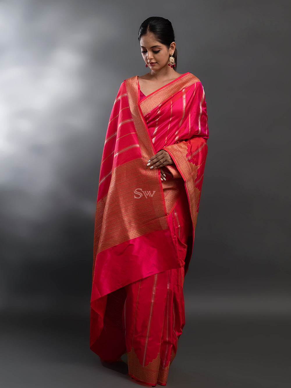Pink-Orange Stripe Katan Silk Handloom Banarasi Saree - Sacred Weaves