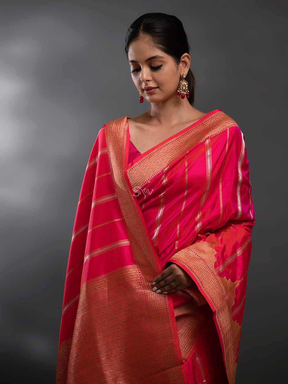 Pink-Orange Stripe Katan Silk Handloom Banarasi Saree - Sacred Weaves